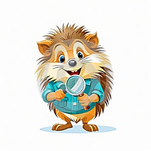 vector illustration, funny cheerful flat logo of a hedgehog with a magnifying glass isolated on a white background