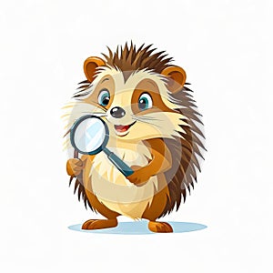vector illustration, funny cheerful flat logo of a hedgehog with a magnifying glass isolated on a white background