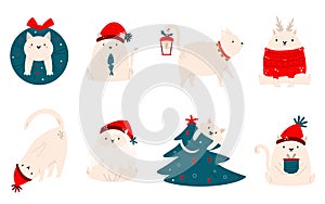 Vector illustration of funny Christmas cats, kittens in different poses, clothes