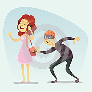 Vector illustration - funny comic Thief Steals a Purse from Hapless girl woman chat on phone Character Icon Cartoon Design Templat