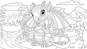 Vector illustration, funny cute little dragon sitting by the waterfall