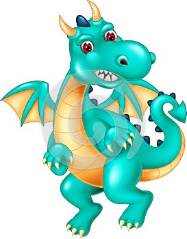 Funny dragon cartoon sittig with laughing and waving