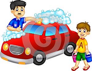Funny father and son cartoon washing car with smiling