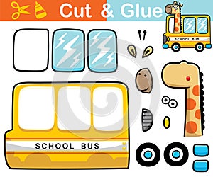 Vector illustration of funny giraffe cartoon driving school bus. Cutout and gluing