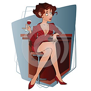 Vector Illustration. Funny girl with a glass of wine