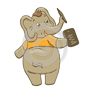 Vector illustration of a funny, gray, cheerful elephant in a yellow t-shirt, drawing on a tablet, dancing, running, laughing, hold