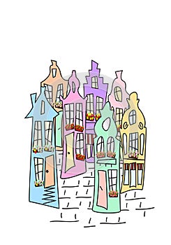 Vector illustration of funny houses in pastel colors in the Dutch style