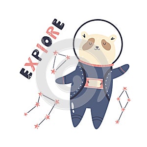 Vector illustration of a funny panda bear astronaut, constellations and letteing text EXPLORE