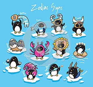 Set of penguins zodiac signs in cartoon style. Vector illustration