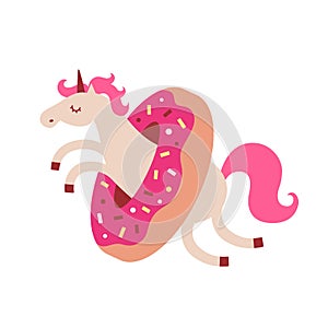 Vector illustration of funny unicorn jumping through a donut. Cartoon style cute character animal