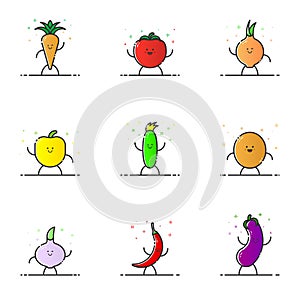 Vector illustration of funny vegetable characters cartoon set in line style.