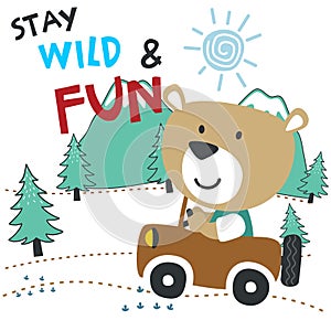 Vector illustration of funy animal driving the blue car. Funny background cartoon style for kids. Little adventure with animals on