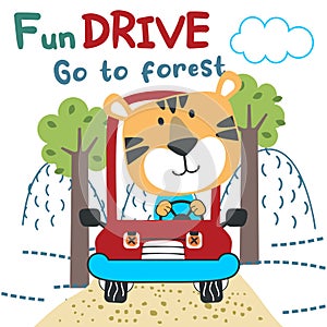 Vector illustration of funy animal driving the blue car. Funny background cartoon style for kids. Little adventure with animals on