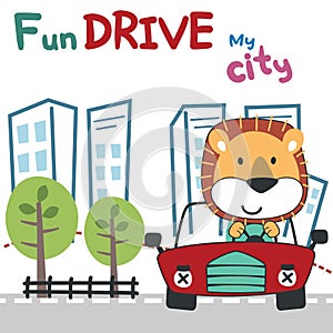 Vector illustration of funy animal driving the blue car. Funny background cartoon style for kids. Little adventure with animals on