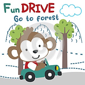 Vector illustration of funy animal driving the blue car. Funny background cartoon style for kids. Little adventure with animals on