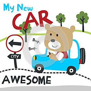 Vector illustration of funy animal driving the blue car. Funny background cartoon style for kids. Little adventure with animals on