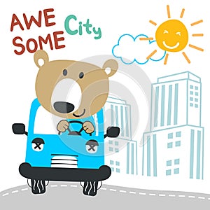 Vector illustration of funy animal driving the blue car. Funny background cartoon style for kids. Little adventure with animals on