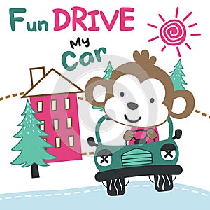 Vector illustration of funy animal driving the blue car. Funny background cartoon style for kids. Little adventure with animals on