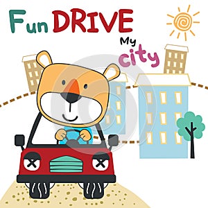 Vector illustration of funy animal driving the blue car. Funny background cartoon style for kids. Little adventure with animals on