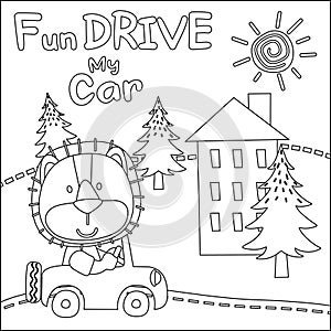 Vector illustration of funy animal driving the white car. Childish design for kids activity colouring book or page