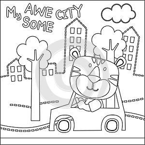 Vector illustration of funy animal driving the white car. Childish design for kids activity colouring book or page