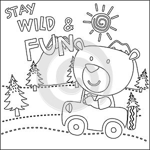 Vector illustration of funy animal driving the white car. Childish design for kids activity colouring book or page