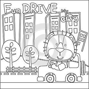 Vector illustration of funy animal driving the white car. Childish design for kids activity colouring book or page