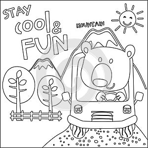 Vector illustration of funy animal driving the white car. Childish design for kids activity colouring book or page