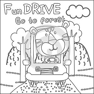 Vector illustration of funy animal driving the white car. Childish design for kids activity colouring book or page