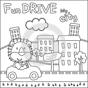 Vector illustration of funy animal driving the white car. Childish design for kids activity colouring book or page