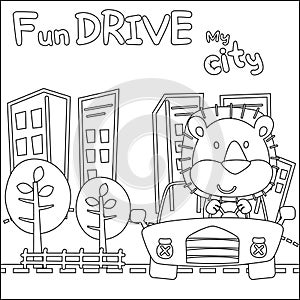Vector illustration of funy animal driving the white car. Childish design for kids activity colouring book or page