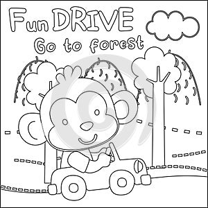 Vector illustration of funy animal driving the white car. Childish design for kids activity colouring book or page