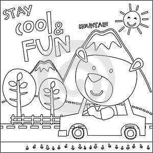 Vector illustration of funy animal driving the white car. Childish design for kids activity colouring book or page