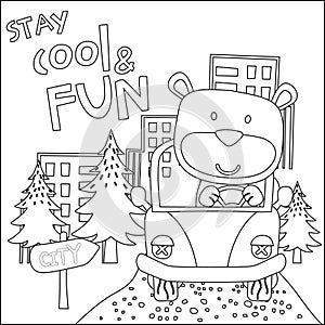 Vector illustration of funy animal driving the white car. Childish design for kids activity colouring book or page