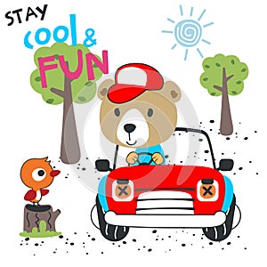 Vector illustration of funy bear driving the red car. Funny background cartoon style for kids. Little adventure with animals on