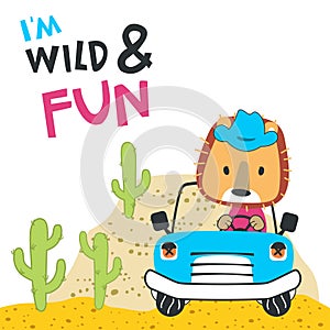 Vector illustration of funy lion driving the blue car. Funny background cartoon style for kids. Little adventure with animals on
