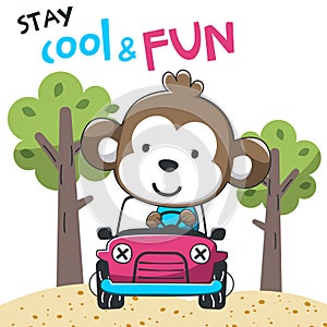 Vector illustration of funy monkey driving the red car. Funny background cartoon style for kids. Little adventure with animals on