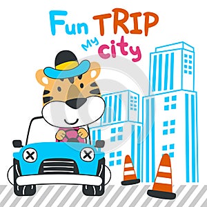 Vector illustration of funy tiger driving the red car. Funny background cartoon style for kids. Little adventure with animals on