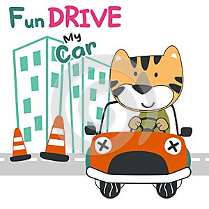 Vector illustration of funy tiger driving the red car. Funny background cartoon style for kids. Little adventure with animals on