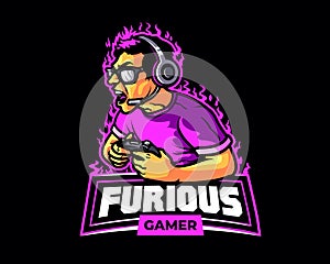 Furious Gamer E sport Cartoon Mascot Logo Badge photo