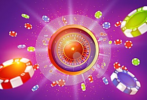Vector illustration gambling roulette wheel isolated on gambling chips explosion background