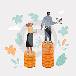 Vector illustration of Game figurines on stacks of euro coins, symbolizing the concept of unequal pay for women and men