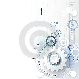 Vector illustration gear wheel, hexagons, circuit board. Abstract hi-tech technology and engineering background