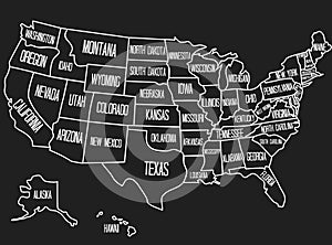 Vector illustration of a geographic map of the United States of America. Vintage style image with the USA state names. US state