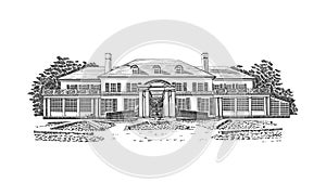 Vector illustration with Georgian style mansion, country estate. Historic Building with Hipped-roof Colonial Revival