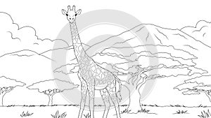 Vector illustration, a giraffe stands in a clearing against the backdrop of mountains