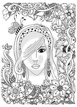 Vector illustration girl with Asian zentangle bee inher hair. Doodle frame flowers. Zenart anti-stress. Adult coloring