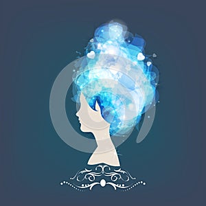 Vector illustration of a girl with blue hair, a silhouette with an abstract month.