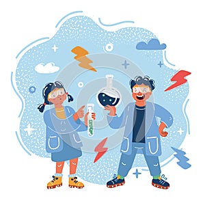 Vector illustration of girl and boy studying chemistry. Making science experiment in chemistry class.