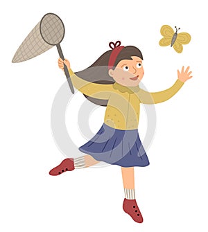 Vector illustration of a girl catching butterfly with a net isolated on white background. Cute kid enjoying summer. Spring picture